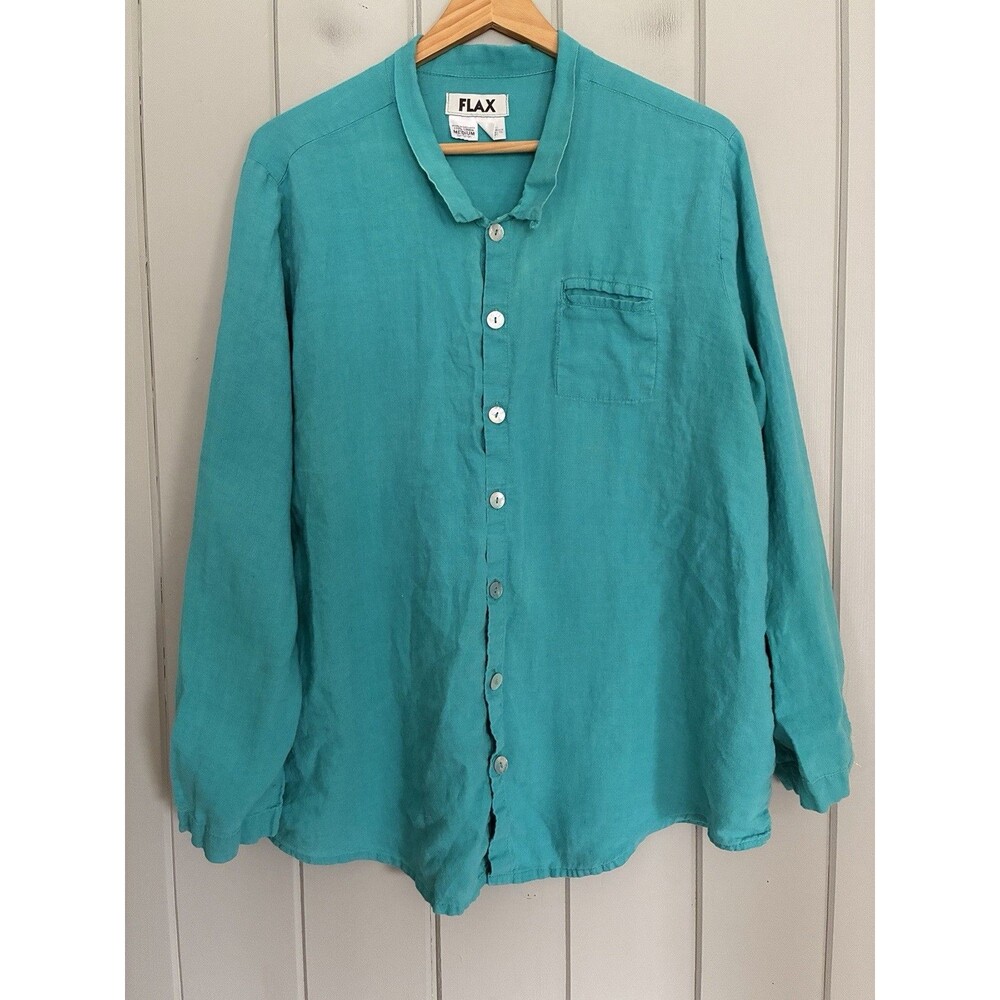 Flax Button Up Shirt M Medium Long Sleeves Collar Teal Green 100% Linen Pocket